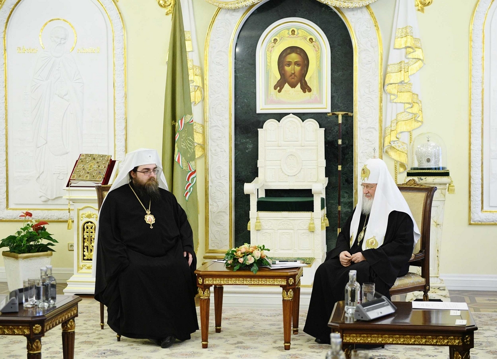 His Holiness Patriarch Kirill greets His Beatitude Metropolitan Rostislav of the Czech Lands and Slovakia with 5th anniversary of his Primatial ministry