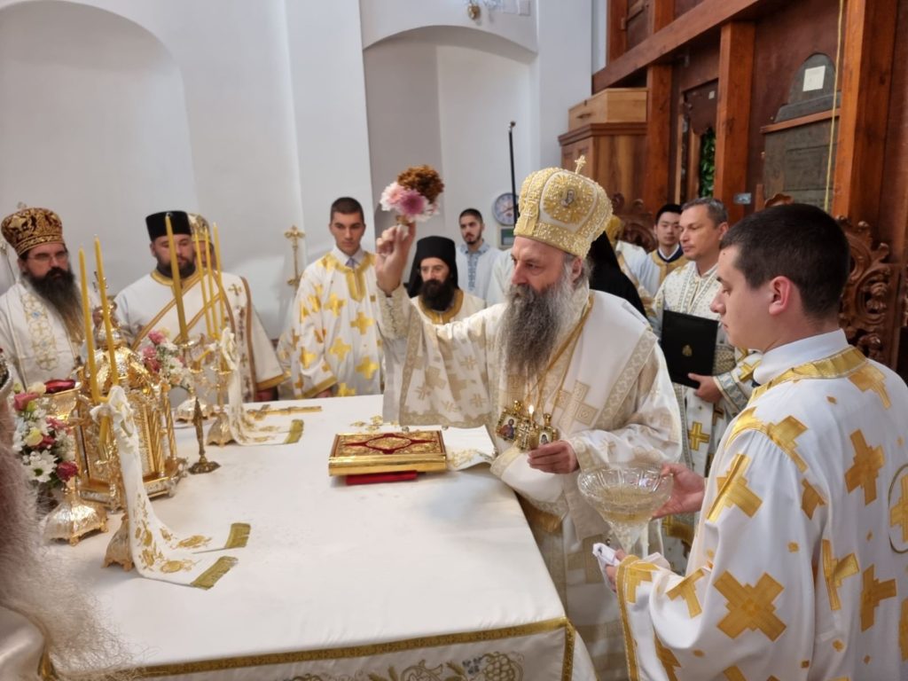 Patriarch of Serbia Porfirije officiates at a blessing of restored Church of St. Nicholas in Vukovar