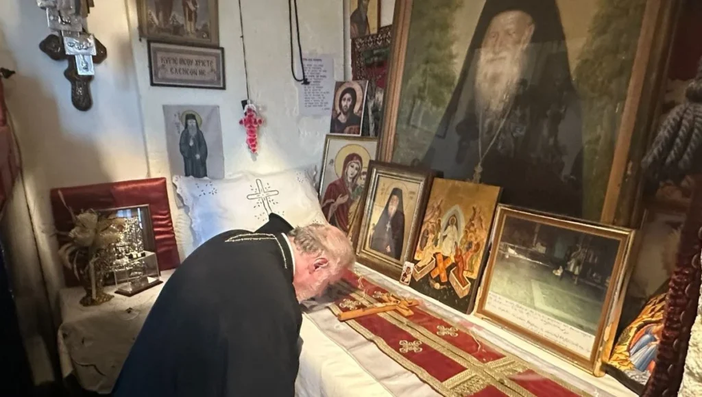 Archbishop Elpidophoros Venerates Monastic Cell of St. Porphyrios